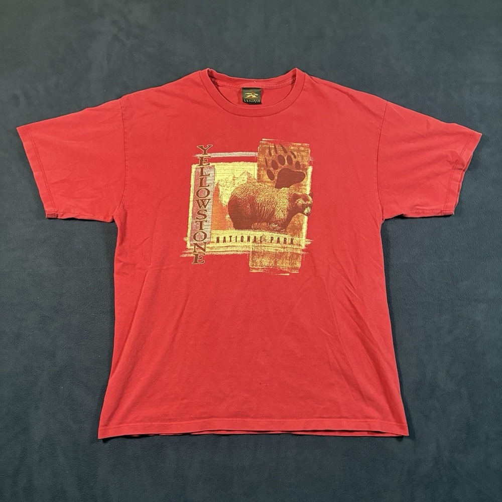 Vtg Yellowstone National Park Bear Shirt L Red Prairie Mountain Graphic Tee Y2K